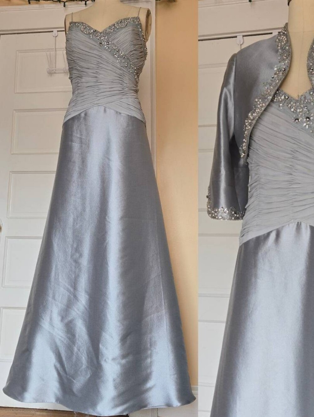 Jovani light blue silk-wool blend rhinestone gown; matching bolero